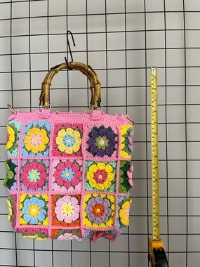 Handcrafted Pink Crochet Floral Tote Bag with Bamboo Handles